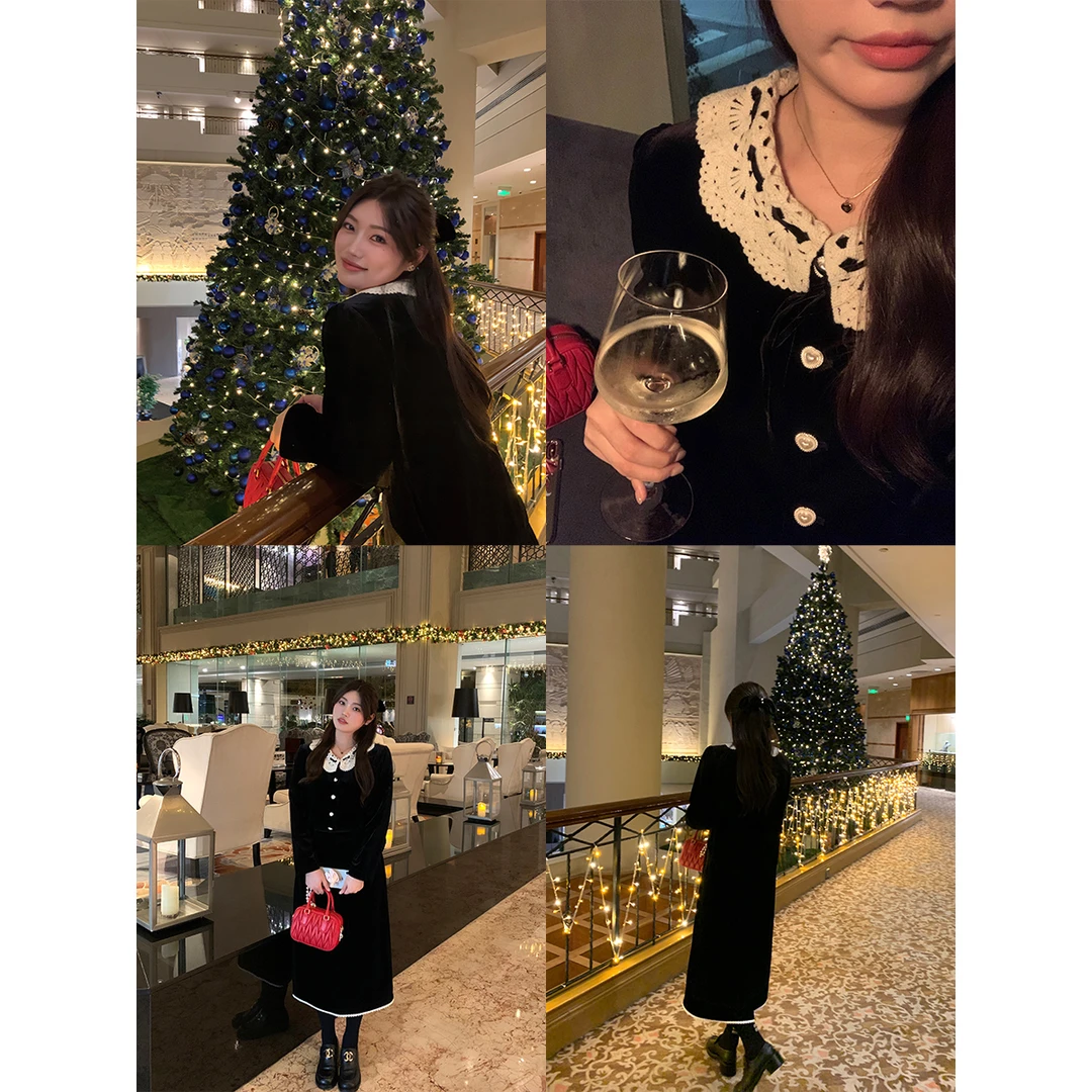 现货！脚趾筋丝绒显瘦套装冬季绣花蕾丝蝴蝶结上衣开叉A字半身裙