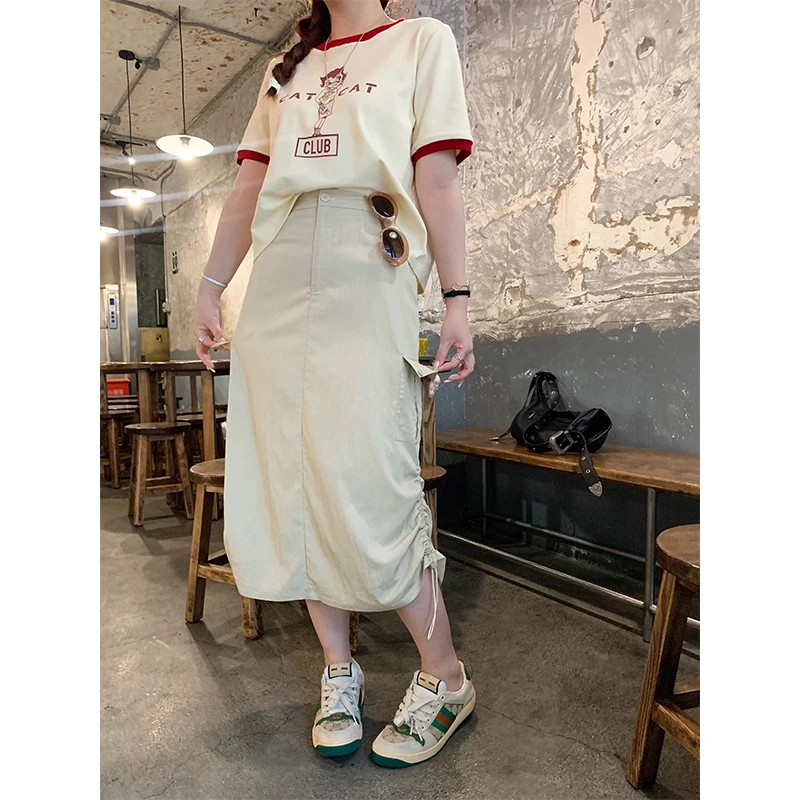 脚趾筋夏季''嗲痞工装半身裙''微胖mm凉感休闲抽绳美式高腰复古裙