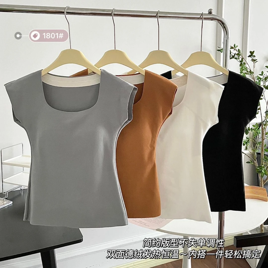 带胸垫德绒保暖背心内衣女针织T恤打底衫上衣无痕加绒加厚秋冬款
