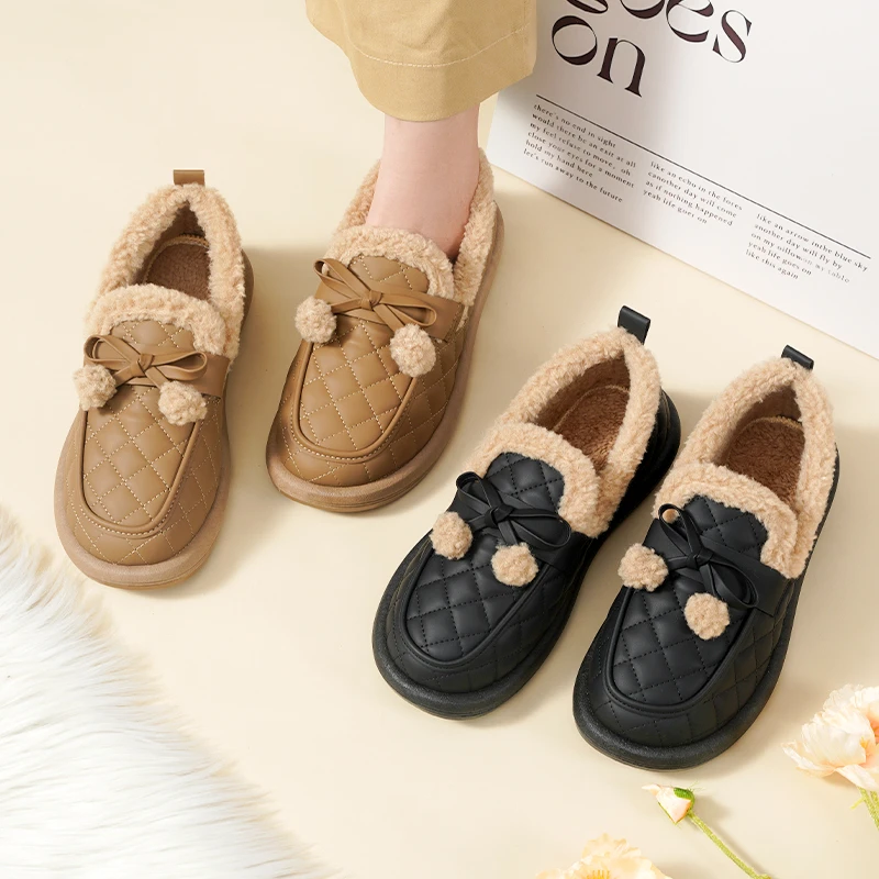 冬季新款防水皮面女鞋加绒防冻保暖休闲一脚蹬外穿妈妈棉鞋毛毛鞋