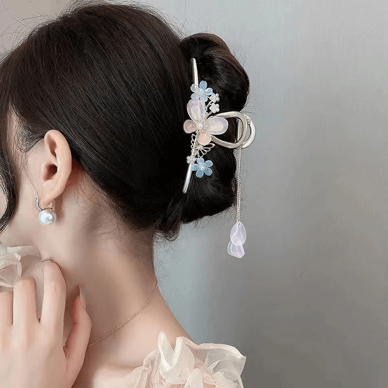 复古新款国风花朵发夹后脑勺流苏发卡发抓鲨鱼夹抓夹子汉服配饰夏