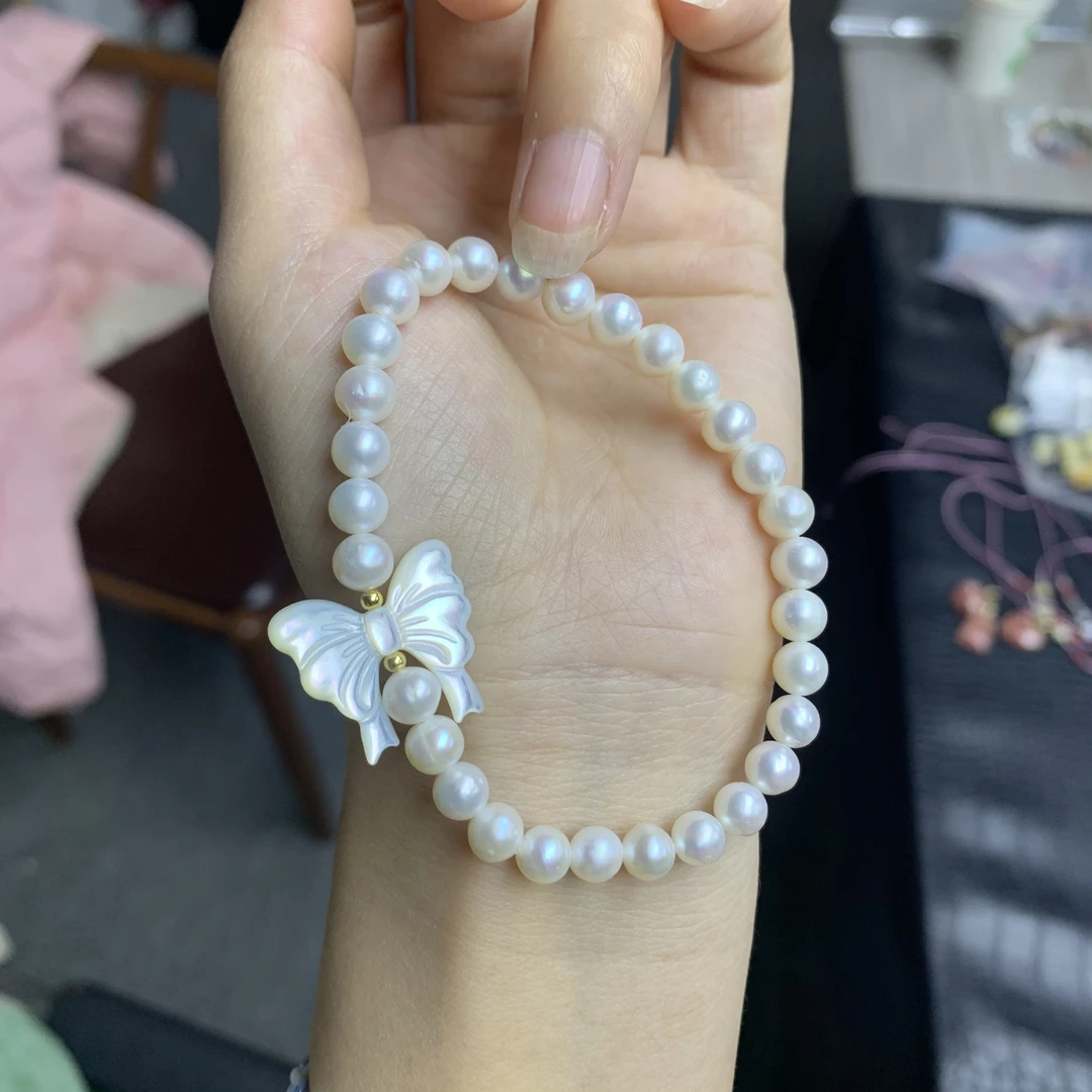 •蝶舞•天然淡水珍珠白蝶贝极光贝壳蝴蝶基地发货带证书）珍珠有纹