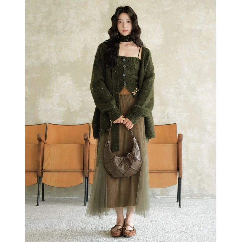 《氤氲森林》法式慵懒开衫围巾抹胸拼接纱裙半裙三件套彼得潘大叔