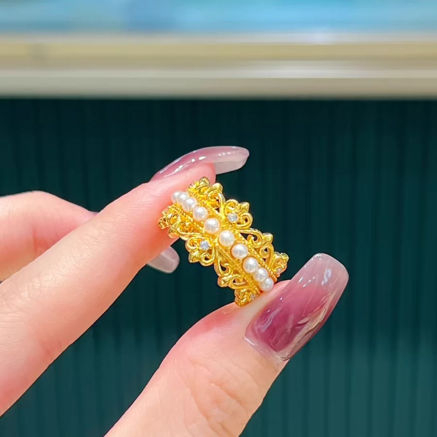 钛钢仿珍珠戒指 简约百搭皇冠指环时尚精致轻奢蕾丝边可调节戒指