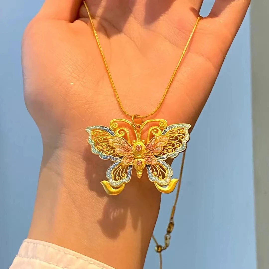 钛钢项链 新中式珐琅彩脉花丝蝴蝶项链仙女气质百搭锁骨链