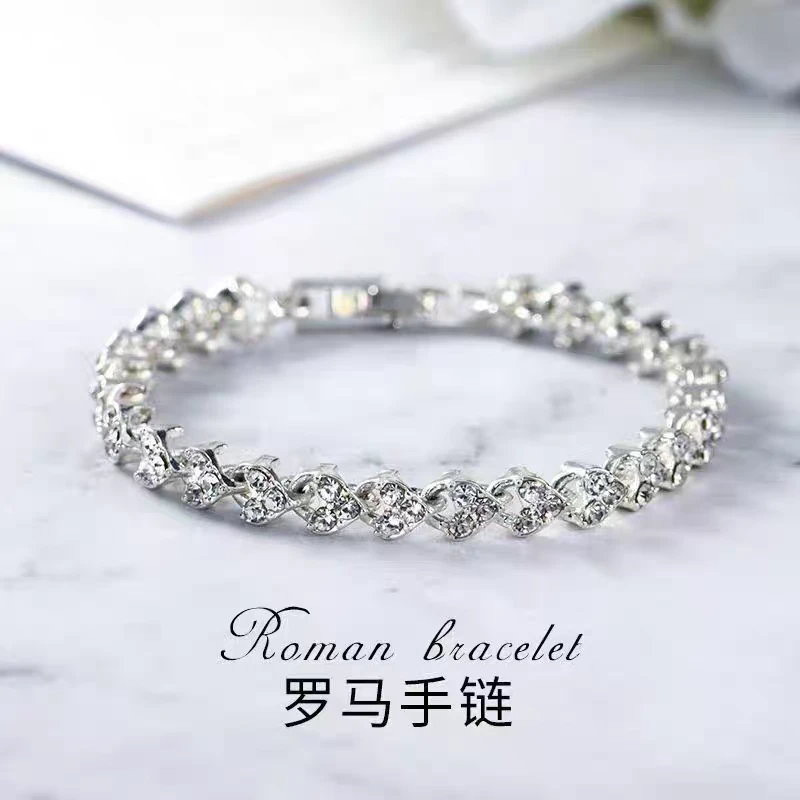 钛钢合成锆石手链 不掉色罗马爱心手链欧美风时尚小众精致首饰