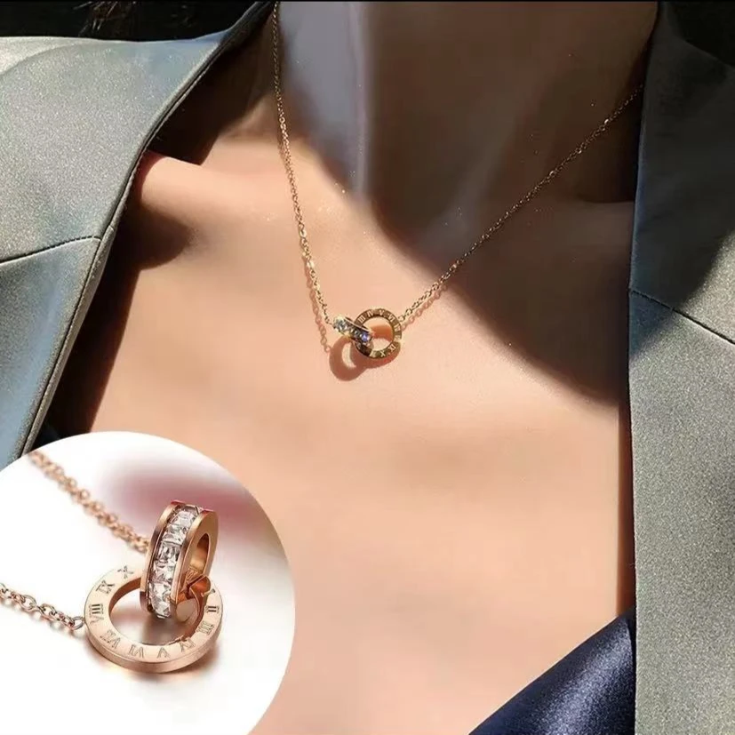 钛钢项链 不掉色环环相扣项链轻奢小众设计感坠链气质双环锁骨链