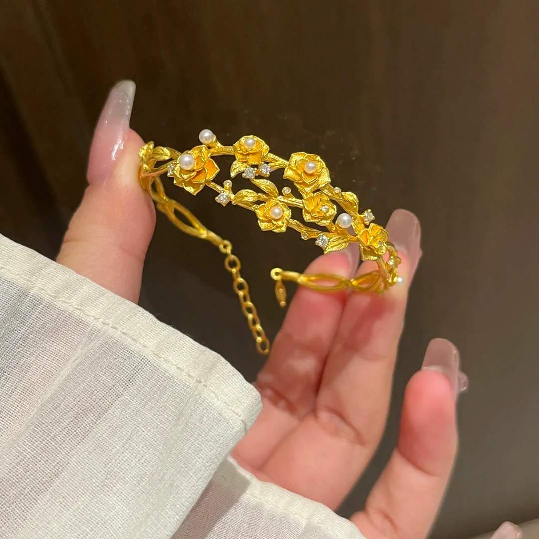 铜合金仿珍珠手镯 新中式神明花嫁手镯精美百搭不掉色可调节镯子
