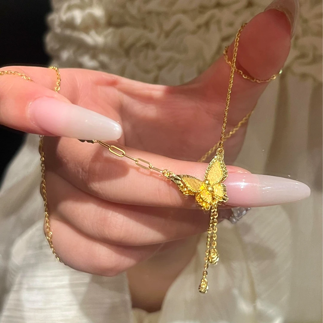 钛钢项链 轻奢小众镜花蝶梦项链百搭金色气质女士亮面吊坠