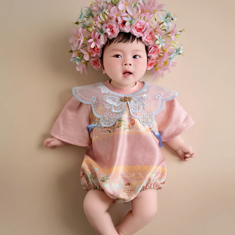 簪花儿童摄影服装百天照影楼拍照主题宝宝婴儿2024年新款正版衣服