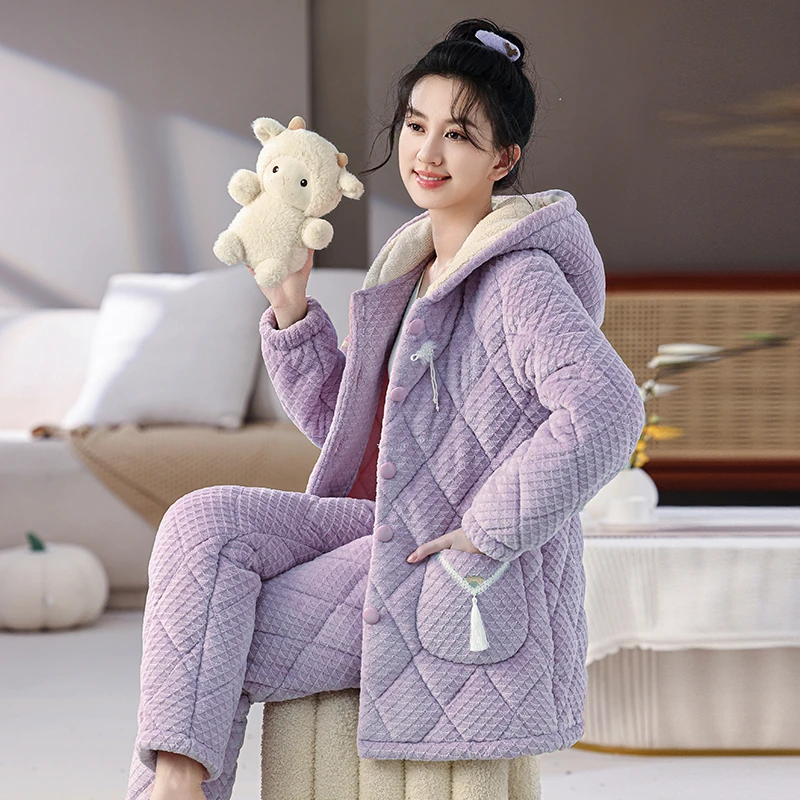 【芬诗芸】睡衣女冬季三层夹棉加绒加厚连帽保暖抗寒家居服两件套装