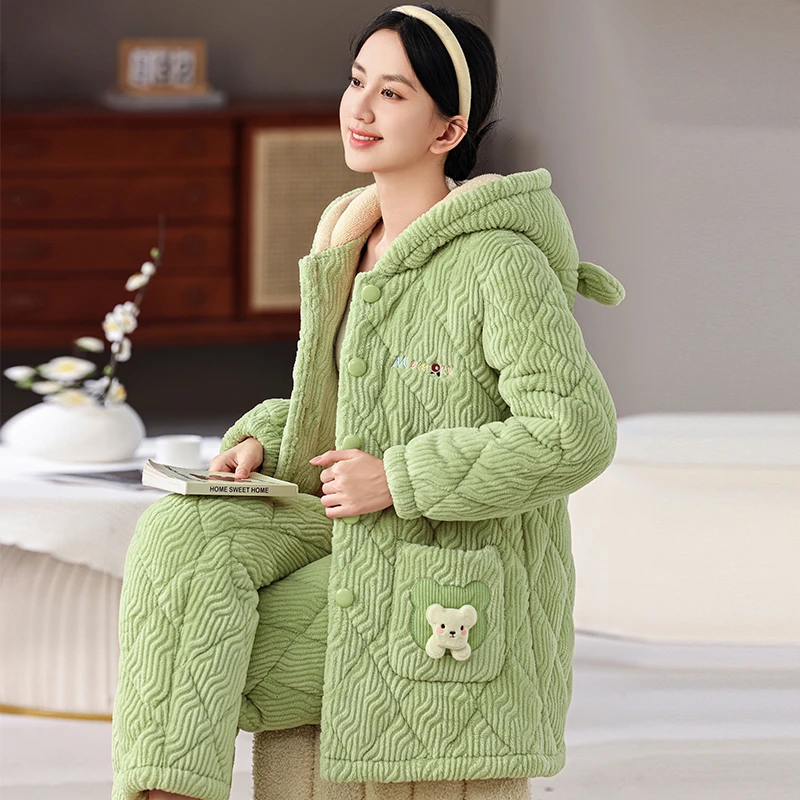 【芬诗芸】睡衣女冬季三层夹棉加绒加厚连帽保暖抗寒家居服两件套装