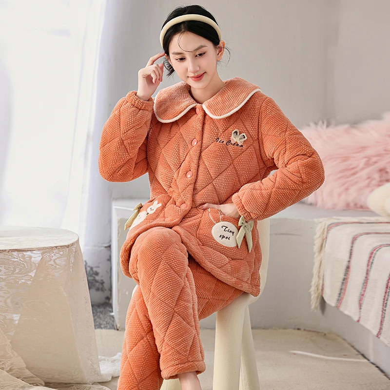 【芬诗芸】冬季睡衣女三层夹棉加绒加厚翻领保暖抗寒家居服两件套装