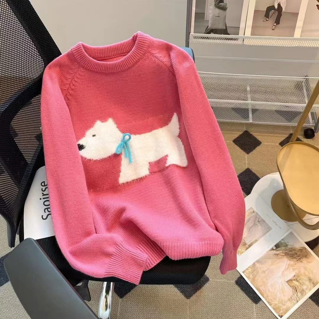 秋冬新品加厚毛衣女韩版宽松慵懒风针织衫小狗提花圆领羊毛衫上衣