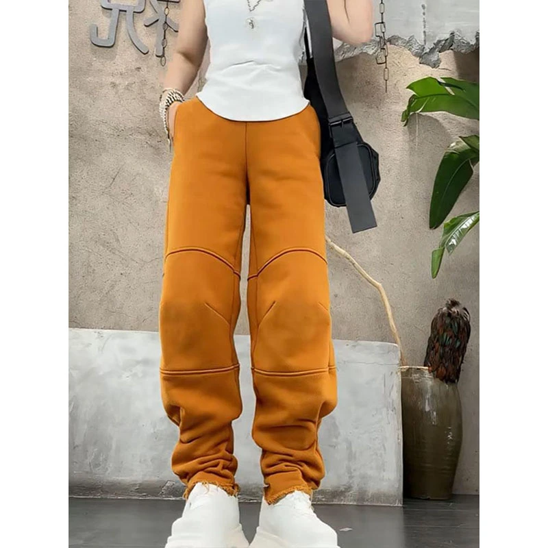 飞芊娅秋冬新款加绒加厚直筒弯刀休闲裤大码梨形身材高腰显瘦卫裤