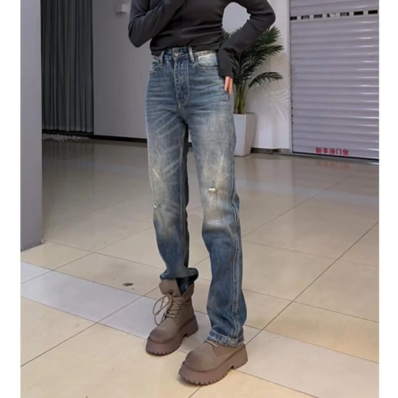 飞芊娅微胖大码时尚百搭高腰牛仔裤女秋季新款宽松显瘦窄版直筒裤