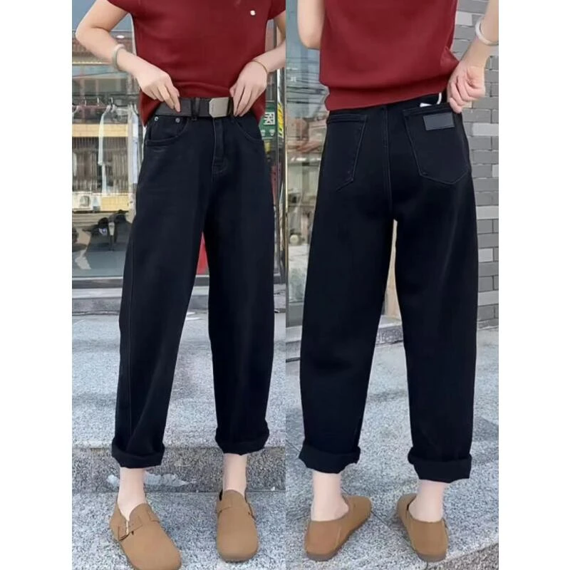 飞芊娅梨形身材弹力高腰直筒牛仔裤女秋季新款九分显瘦哈伦老爹裤