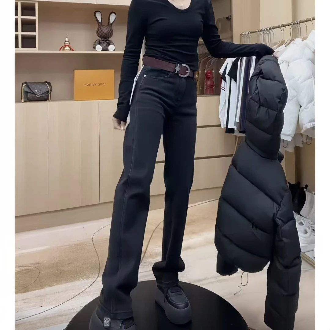 飞芊娅2025时尚百搭黑色高腰牛仔裤女春季新款宽松显瘦窄版直筒裤