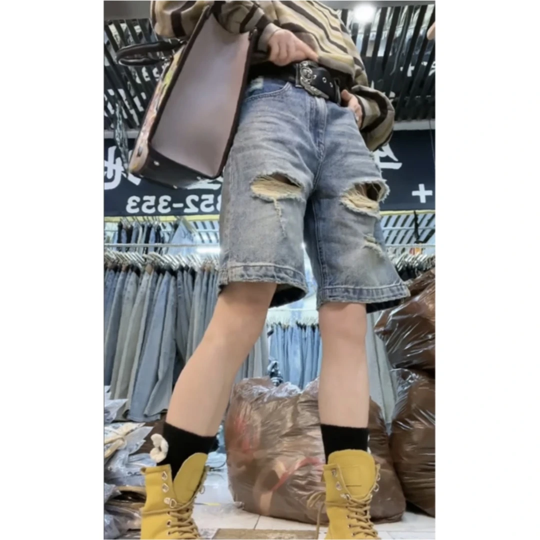 新款破洞百搭牛仔短裤高腰显瘦中裤夏季薄款牛仔短裤女夏