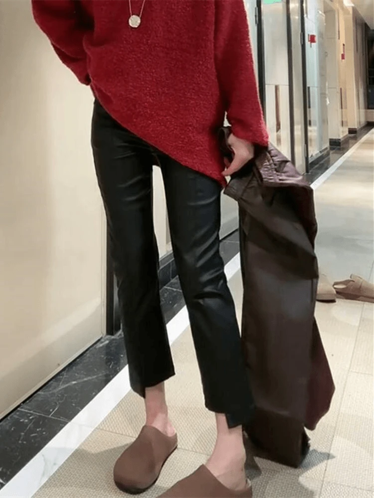 飞芊娅秋季大码梨形身材穿搭显瘦直筒裤新款洋气高腰修身九分皮裤