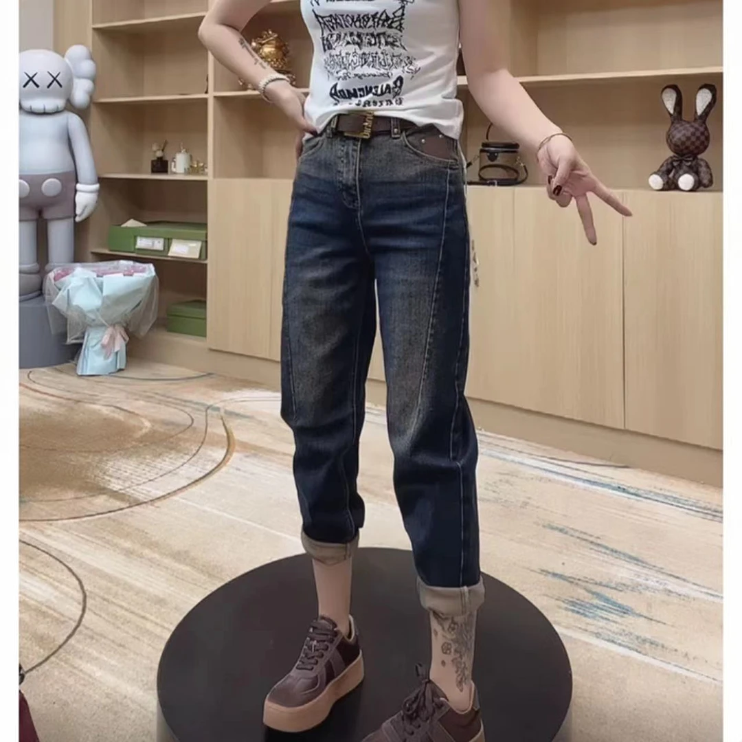 飞芊娅秋季新款复古显瘦直筒牛仔裤女微胖大码九分弹力哈伦老爹裤