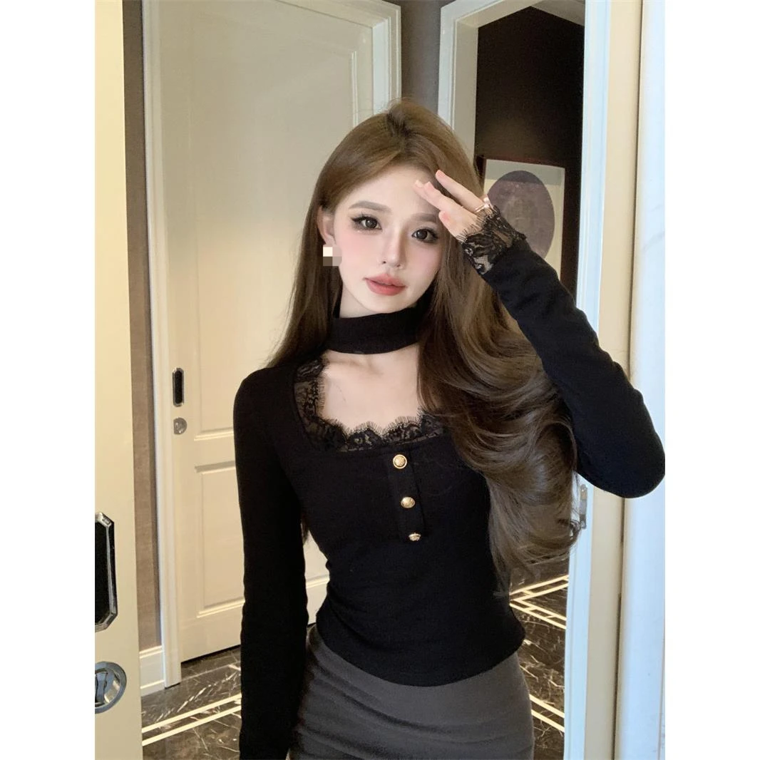 纯欲蕾丝拼接半高领长袖T恤女秋冬装性感镂空短款修身上衣打底衫