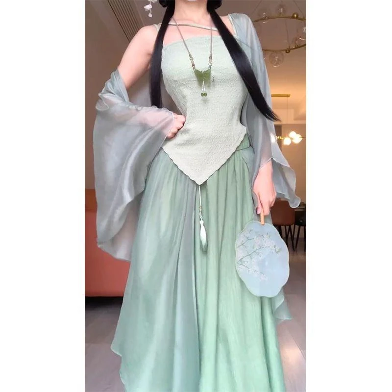 套装女2023夏季新款新中式禅意防晒开衫吊带背心高腰显瘦半身裙潮