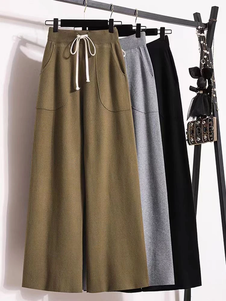 (01-70)秋冬气质系带高腰针织阔腿裤长裤坑条纹显瘦宽松阔腿裤