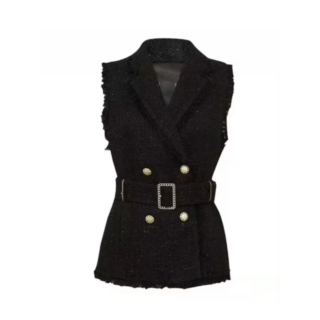 商场同款女装2024秋季腰带气质小香风双排扣无袖马甲外套轻奢黑色