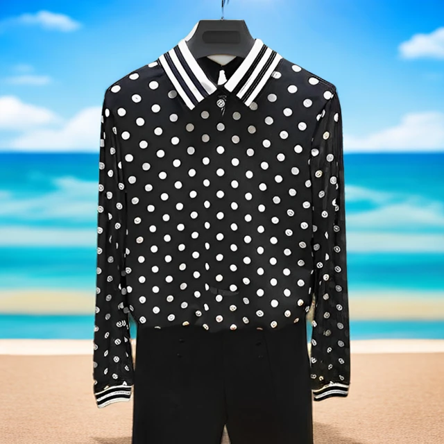 商场同款新款2025春秋套头POLO领波点弹力长袖衬衫女打底时尚上衣