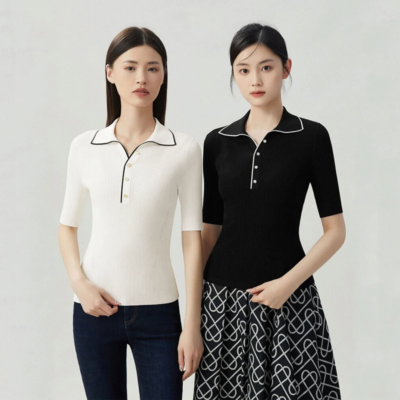 商场同款新款2025夏季中袖翻领竖坑条冰丝针织衫短袖T恤女上衣