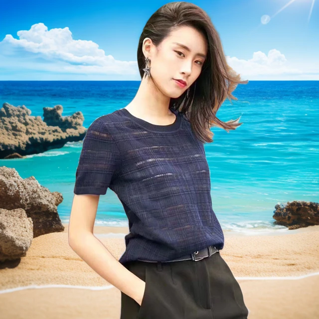 商场同款新款2025休闲显瘦圆领镂空冰丝针织衫短袖t恤女蕾丝上衣