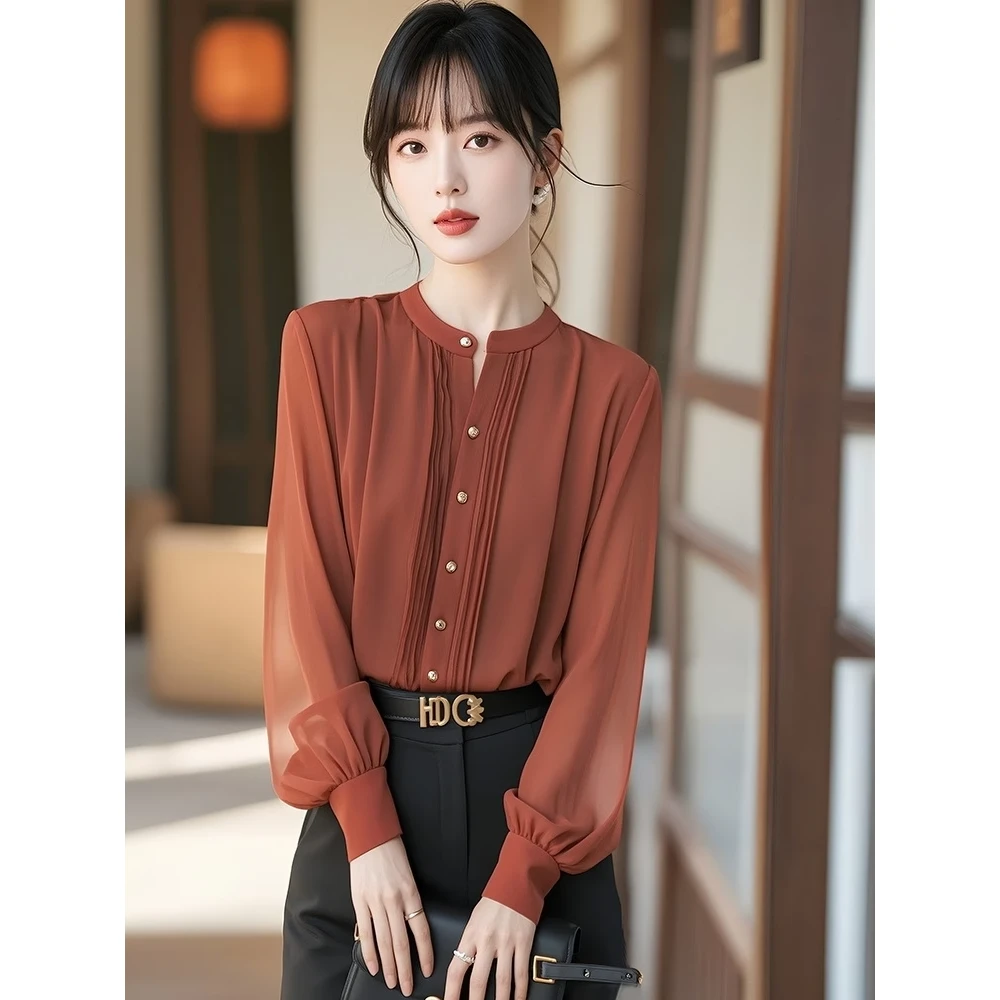 别致高级红色法式雪纺小衫漂亮感上衣长袖通勤气质砖女夏早秋1039