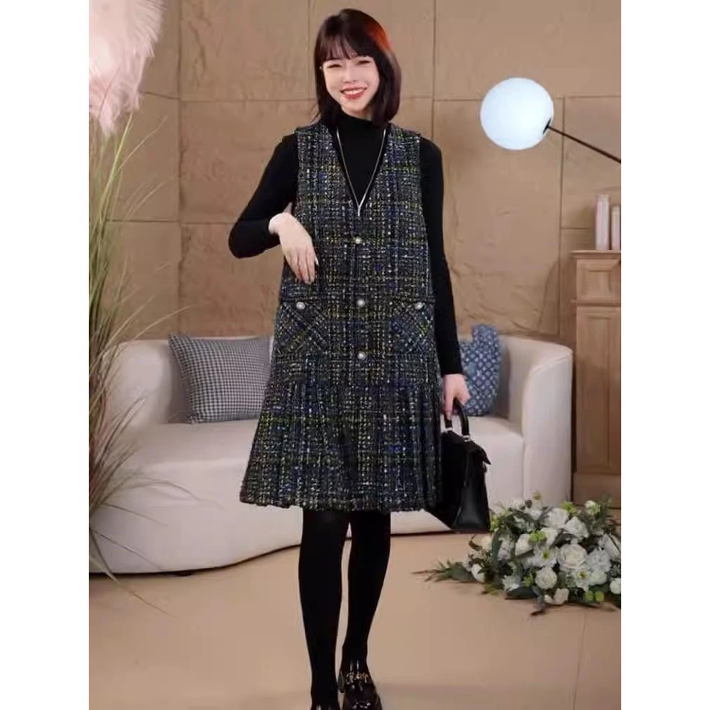 高端小香风背心连衣裙女2024春季新款v领显瘦减龄马甲鱼尾裙5487