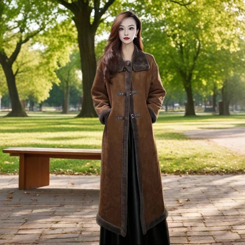 皮毛一体翻领加厚中长款外套冬季时尚2024新款中长款大衣