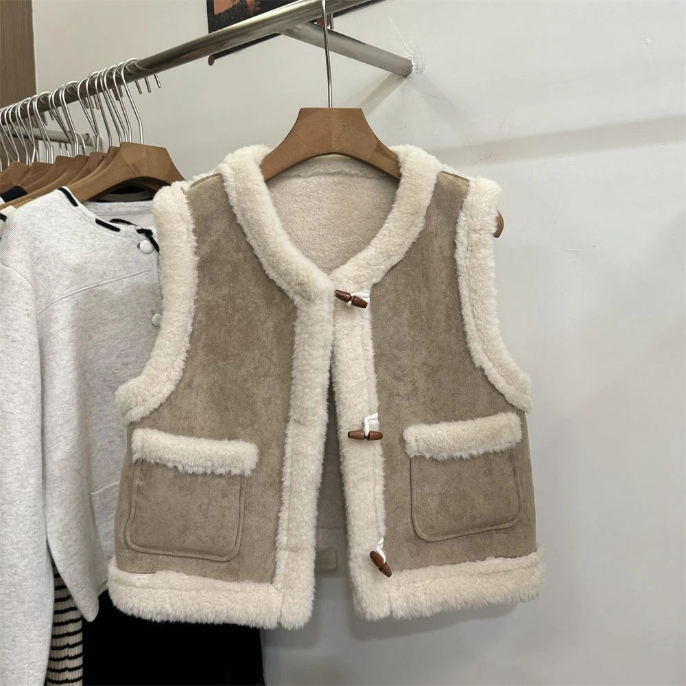 复古加绒马甲女2024冬季新款宽松皮毛一体背心短上衣