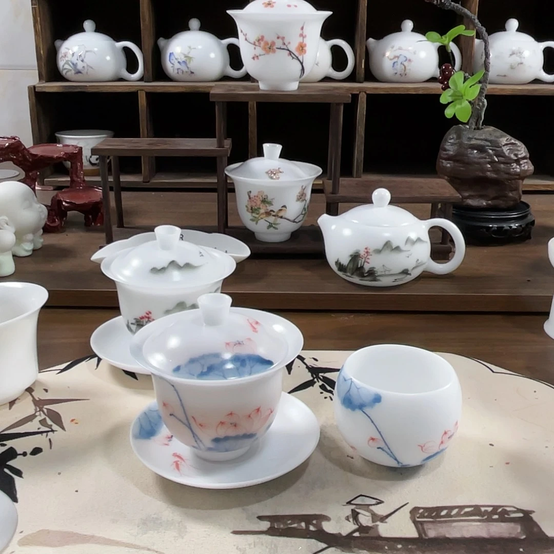 【闪购商品】糖**?雪花白高冰手绘莲莲有鱼'盖碗送杯子