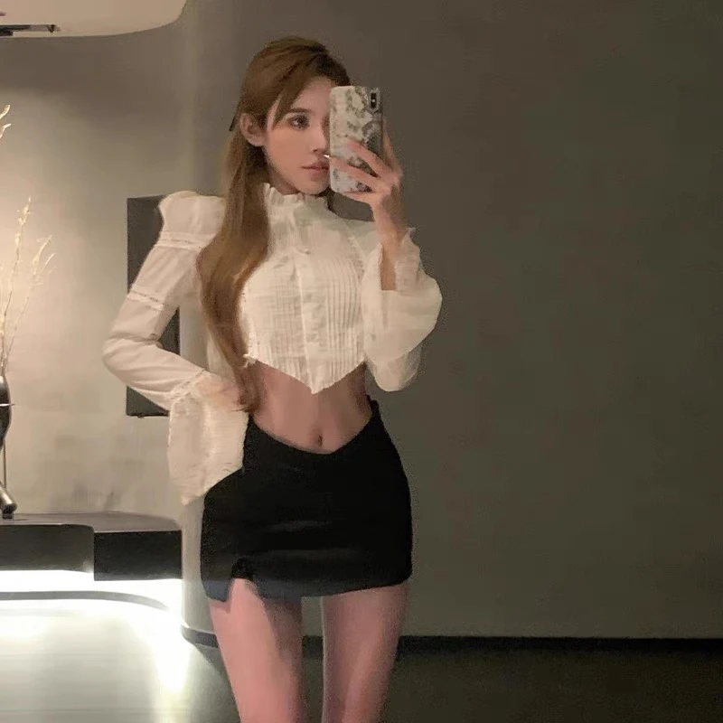 法式白色衬衫纯欲女装2023新款别致提花设计感修身显瘦喇叭袖上衣