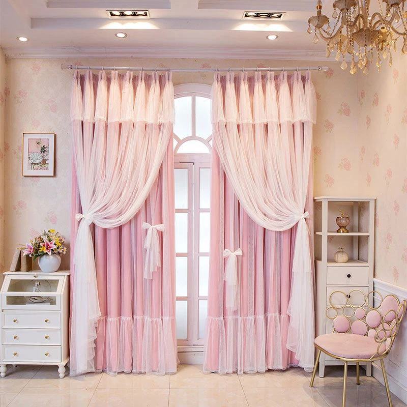 时尚韩式少女心公主风简约高档窗帘卧室客厅飘窗三层一体纱帘褶皱