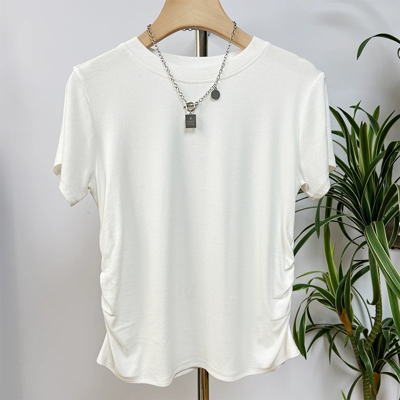 设计感侧边褶皱圆领短袖T恤女2025夏季新款简约酷飒风女装高级感