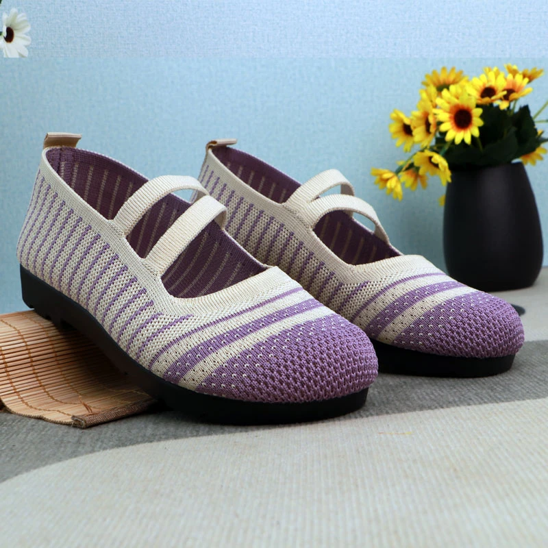 春夏新款透气布鞋女百搭防滑舒适休闲软底妈妈鞋飞织平底浅口网面