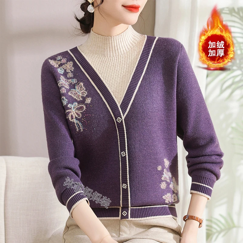 时尚妈妈装减龄加绒加厚假两件内搭上衣中老年女冬装休闲百搭毛衣