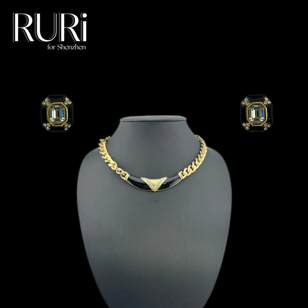 合金项链 欧式复古黑金色珐琅莱茵项链套装GP