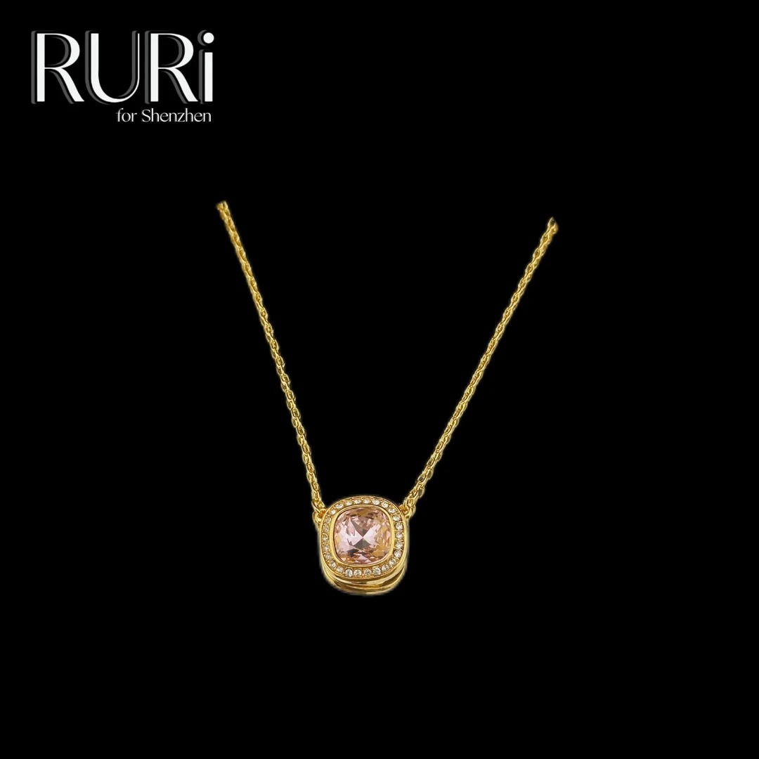 合金合成锆石项链 RURI 简约百搭嫩粉色方糖项链 A0699