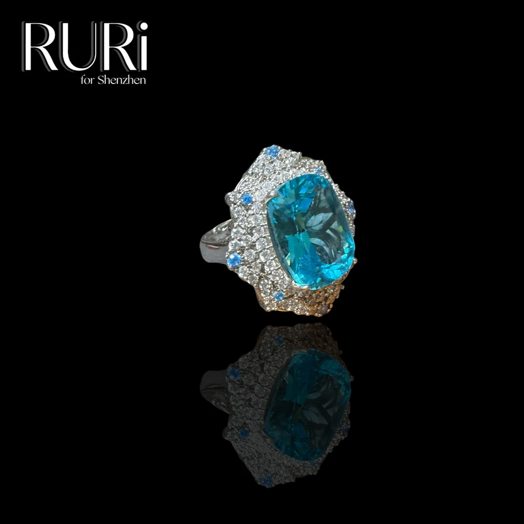 925银合成锆石戒指 RURI 简约时尚椭圆设计海蓝镶嵌银戒指 A0440
