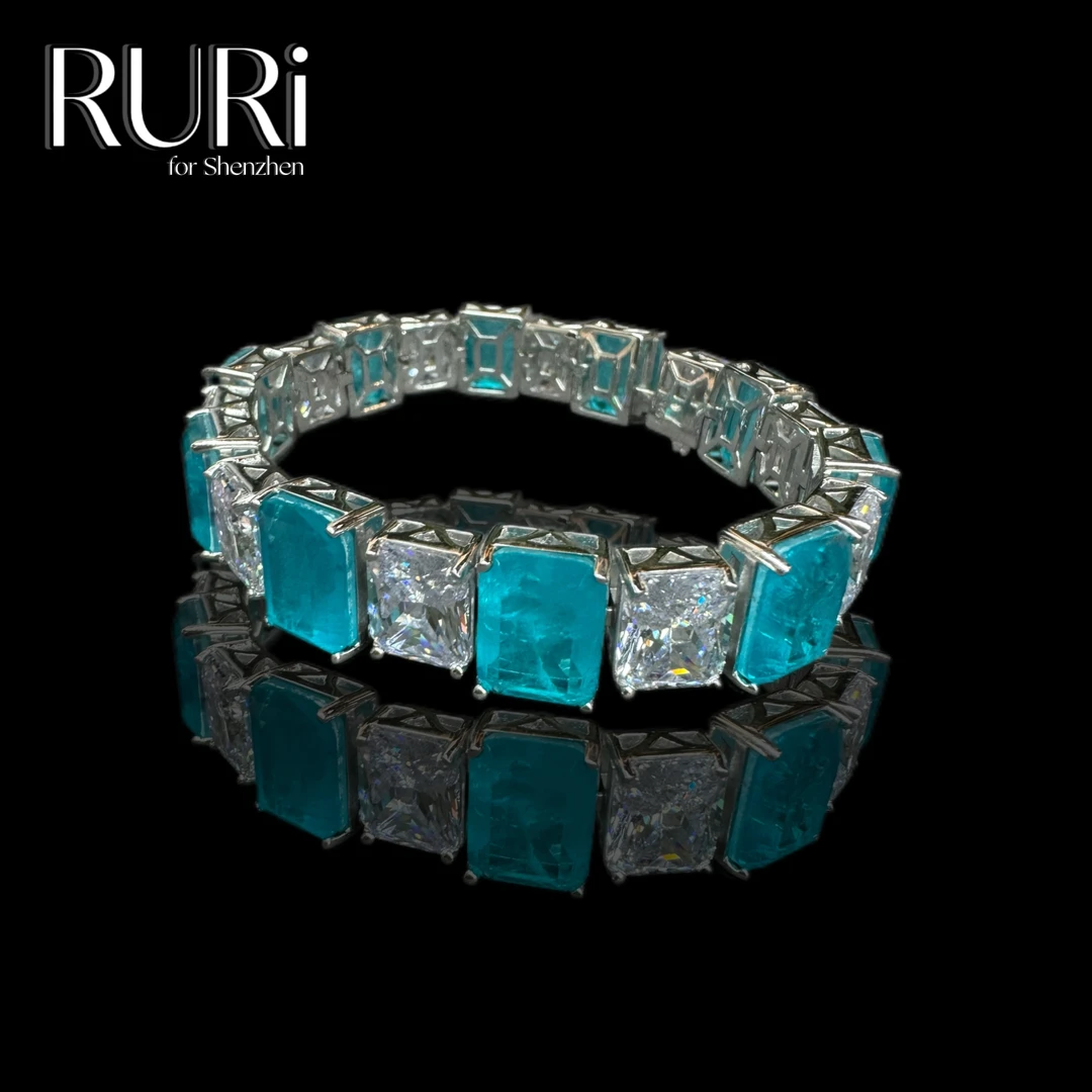 925银合成锆石手链 RURI  时尚绵感海蓝白方糖镶嵌石手链 A0881