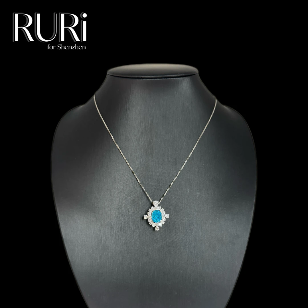 坠链均925银合成锆石 RURI  简约时尚设计海蓝镶嵌石项链 A0179