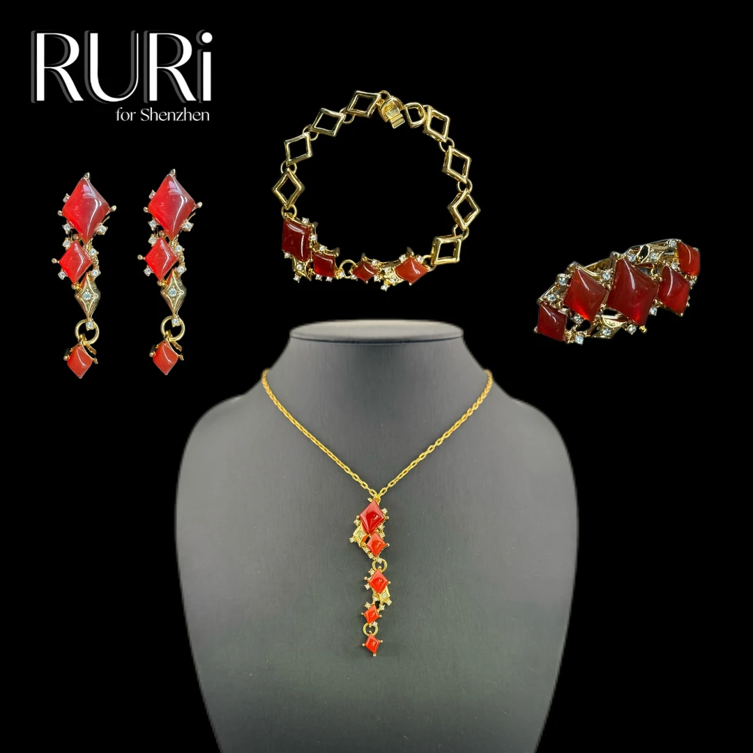 合金项链 欧式复古金色菱形红琉璃项链四件套GP