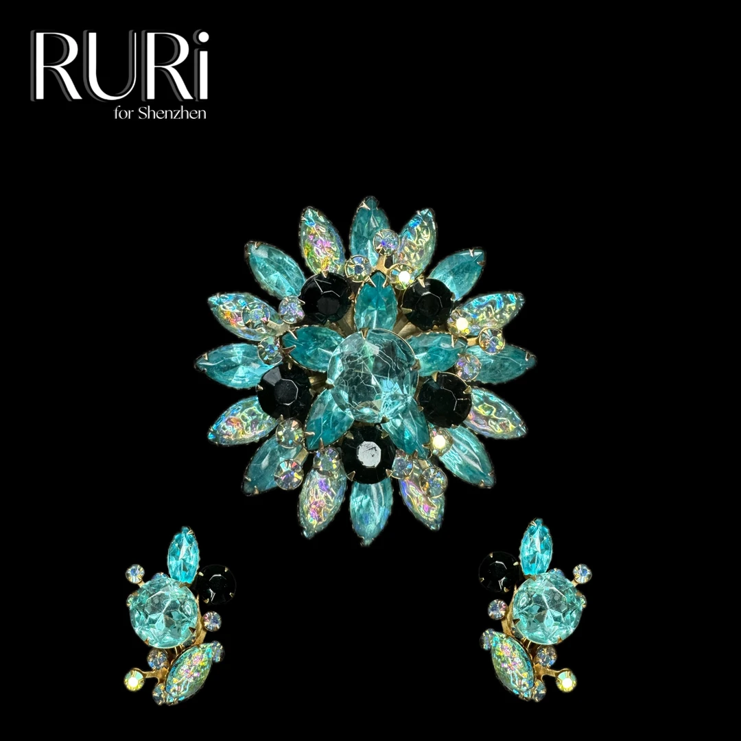 合金铅玻璃胸针 RURI 朱蒂莉冰川蓝熔岩花莱茵胸针套装GP