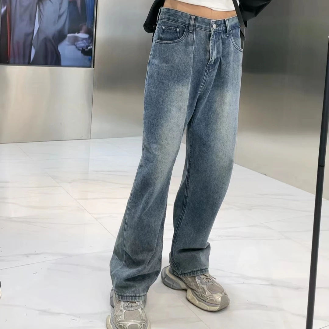 美式复古老爹裤蓝色牛仔裤男女潮ins高街宽松直筒长裤潮牌裤子